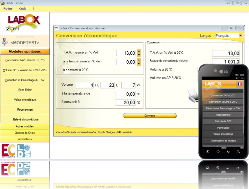 Logiciel de calculs d'alcoométrie